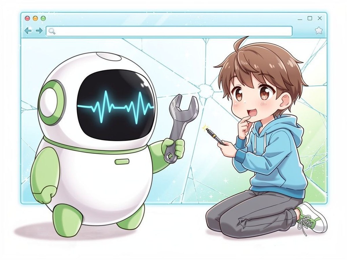 An engineer and a small robot repairing a website together