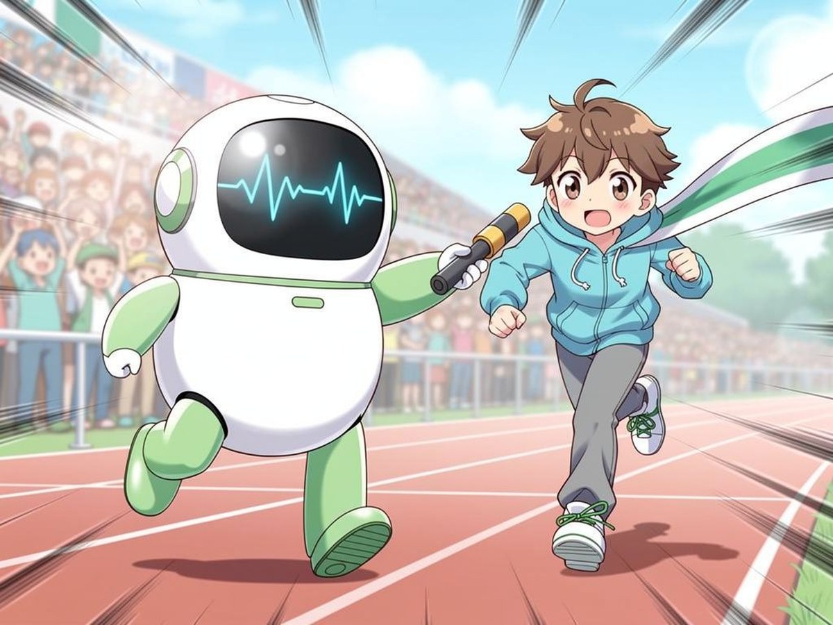 A runner handing a baton to an engineer at the finish line
