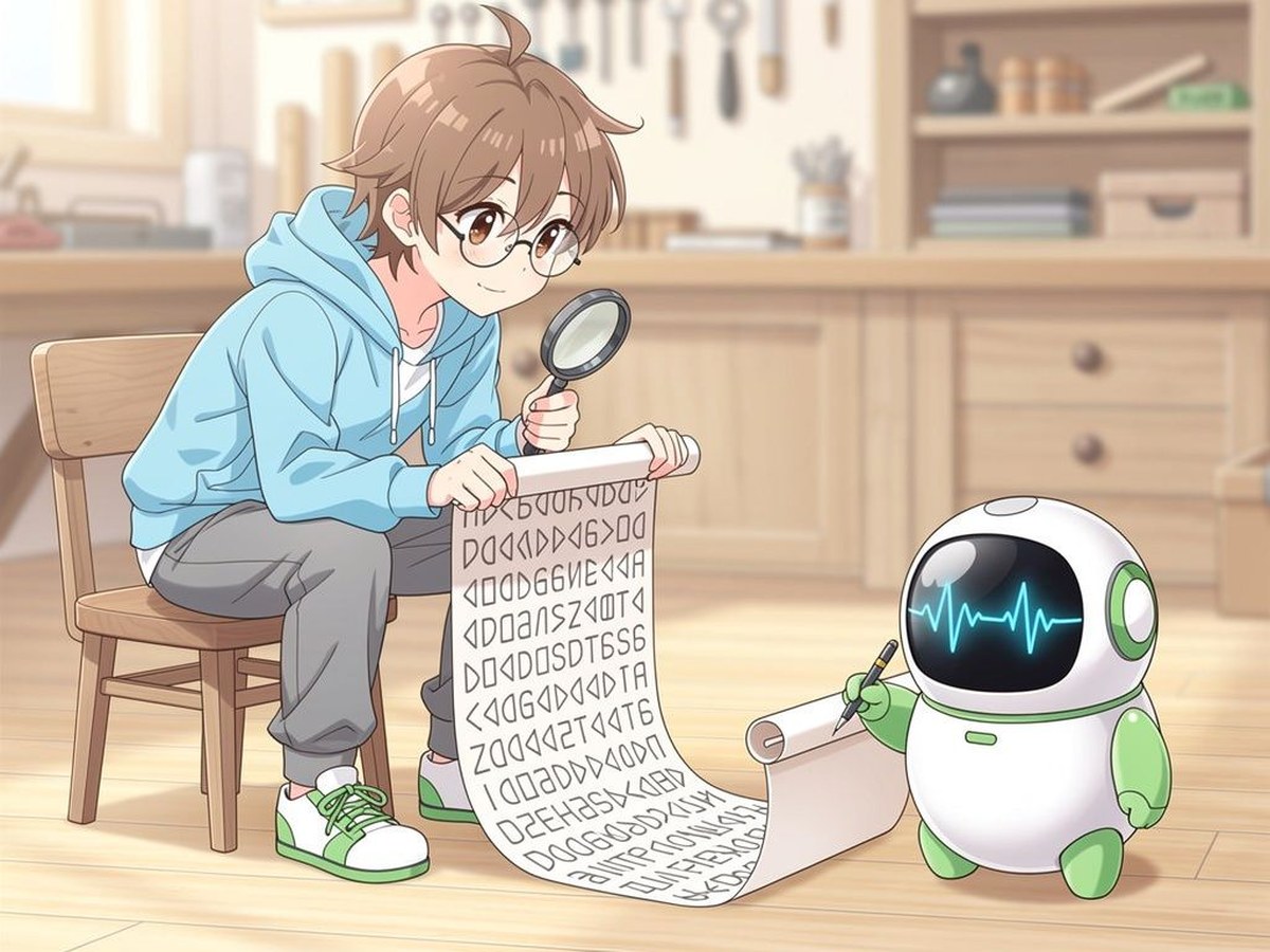 An engineer reading code written by a robot and nodding