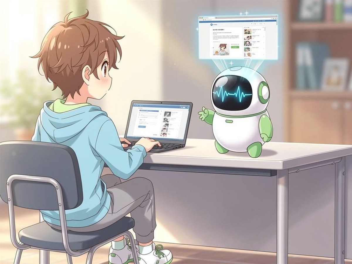 An engineer at a laptop with a small robot projecting a finished website