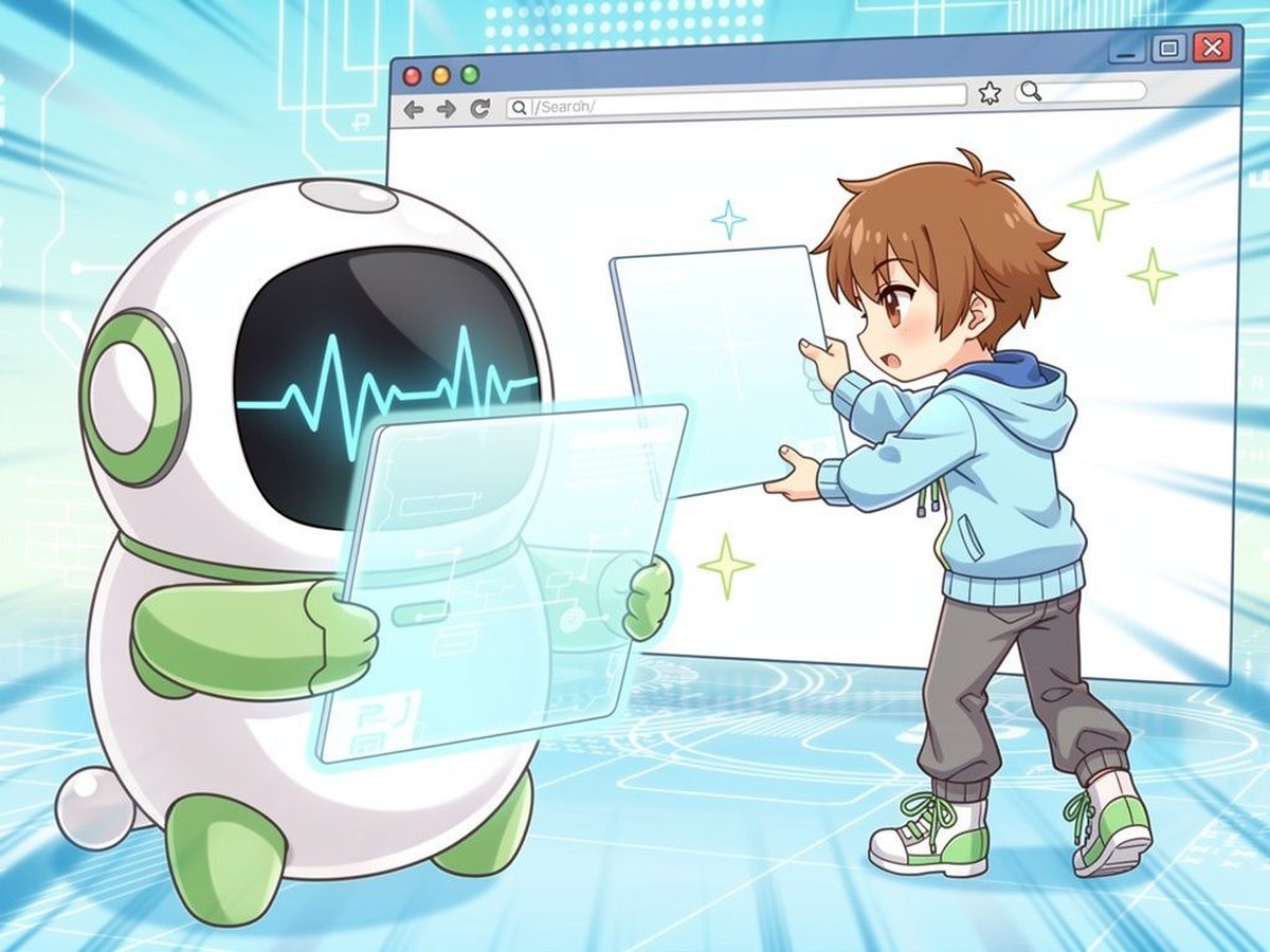 An engineer and a small robot building a website together at speed
